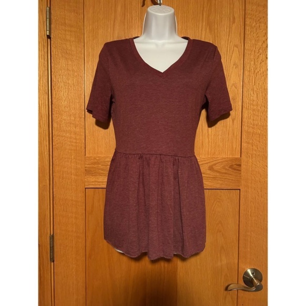 Burgundy Baby Doll Heathered V-Neck Peplum Short Sleeve Top Gathered Waist S